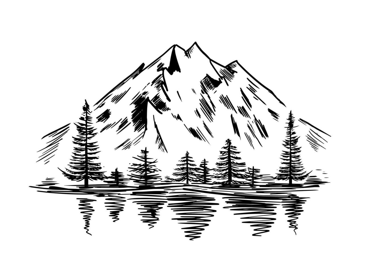 Mountain landscape with lake and firs. Hand drawn scetch vector