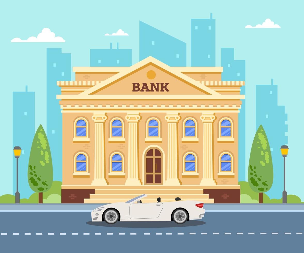 Bank building on the background of the city. White car near the bank vector