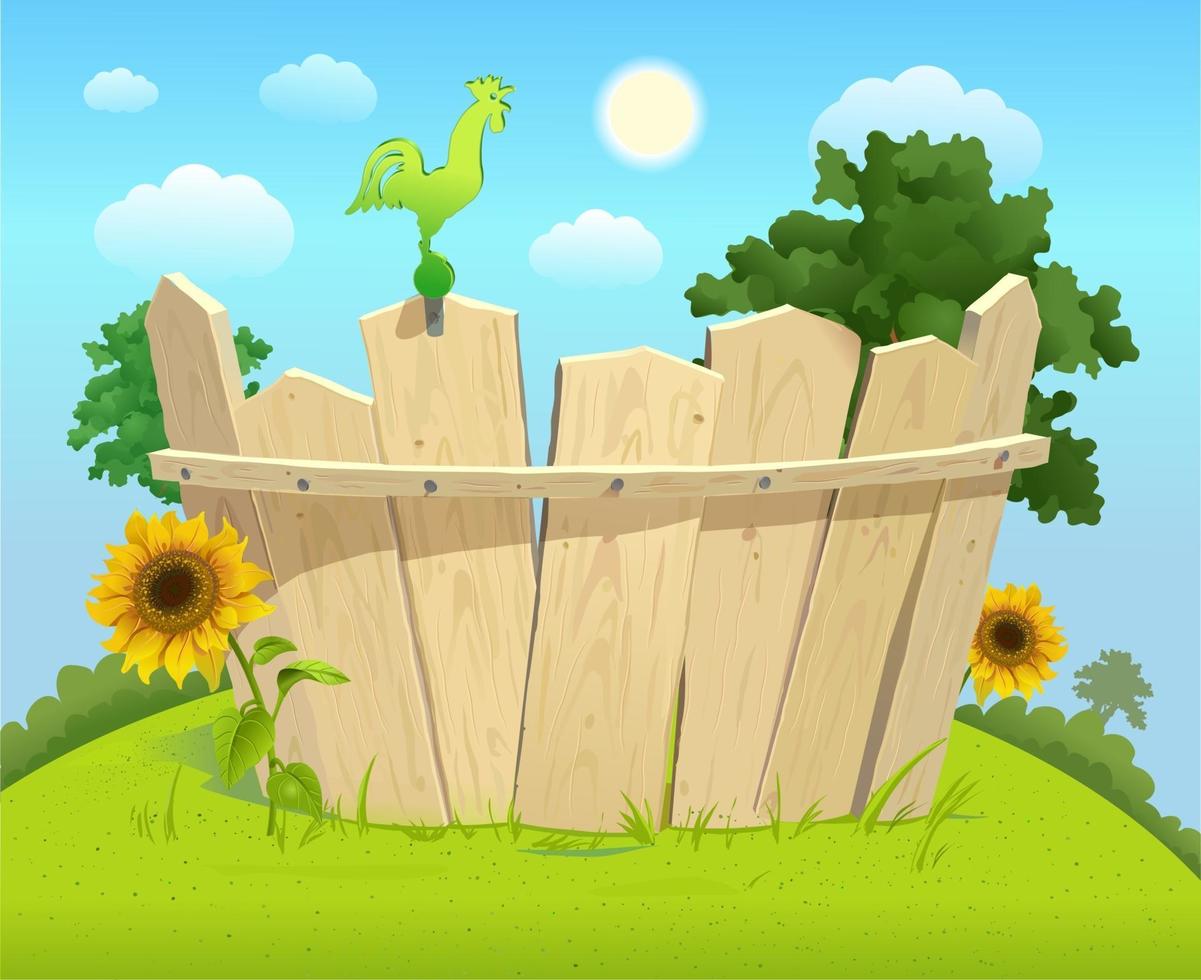 Wooden fence on a green summer lawn with sunflowers vector