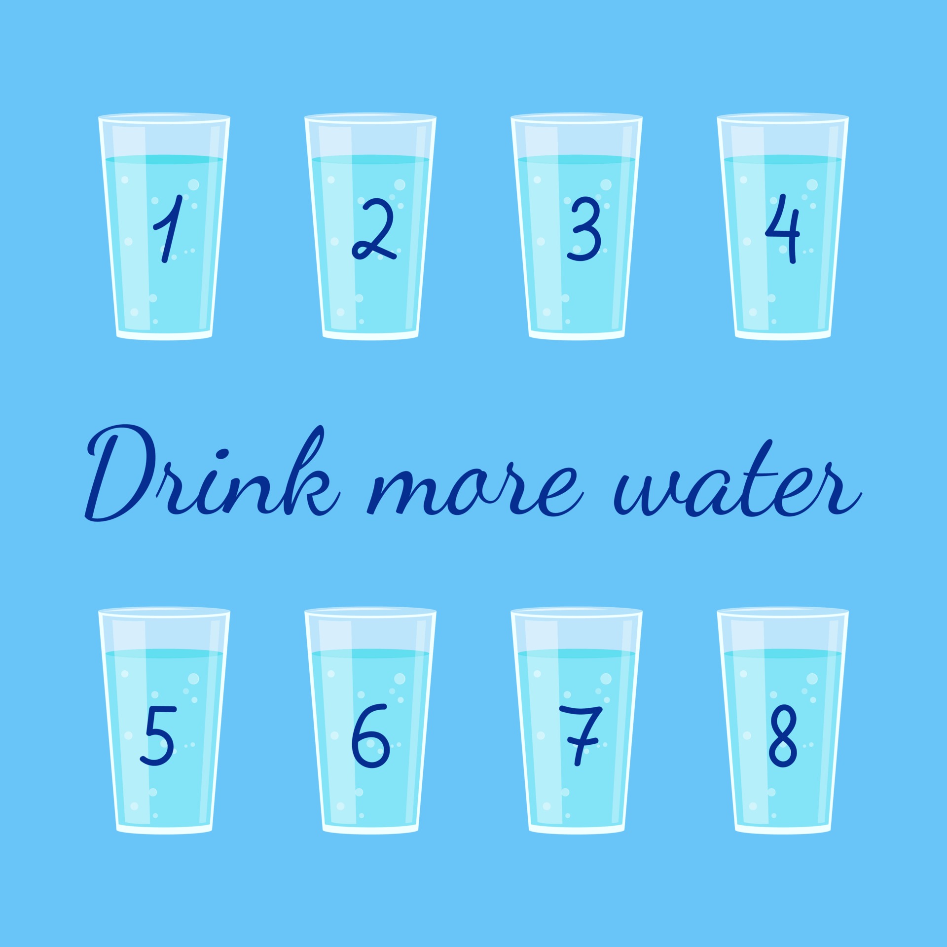 Water balance infographics. Drink more water lettering. 8 glasses