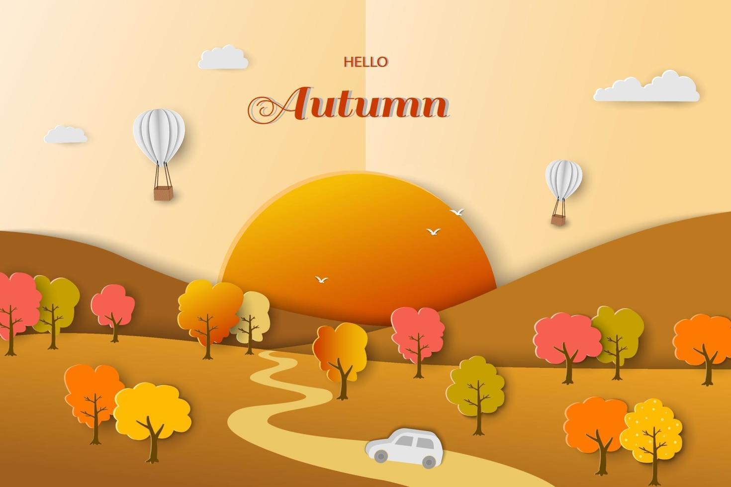 Autumn or fall landscape background on paper art style vector