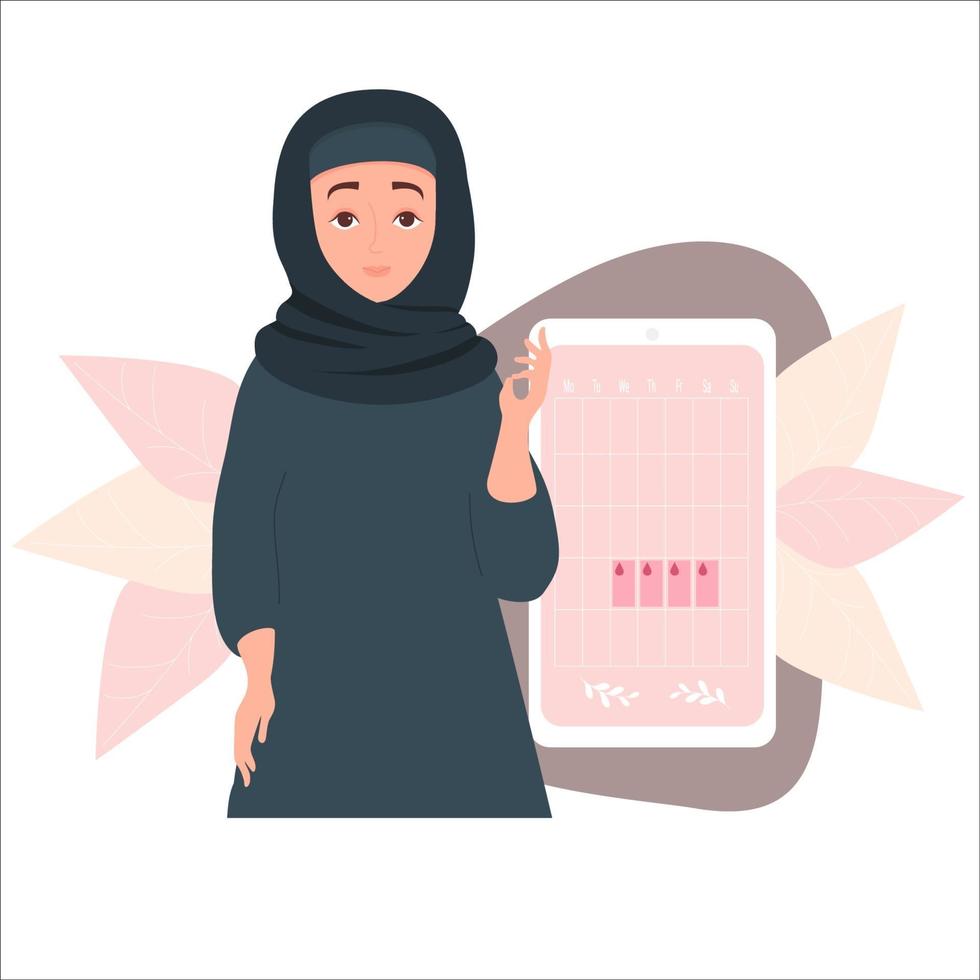 muslim woman in hijab and menstruation calendar on smartphone vector