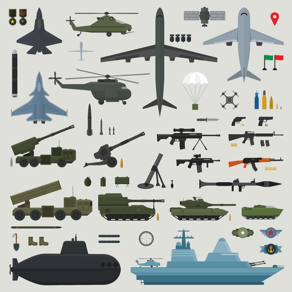 Military weapons of Army naval and air force. vector illustration