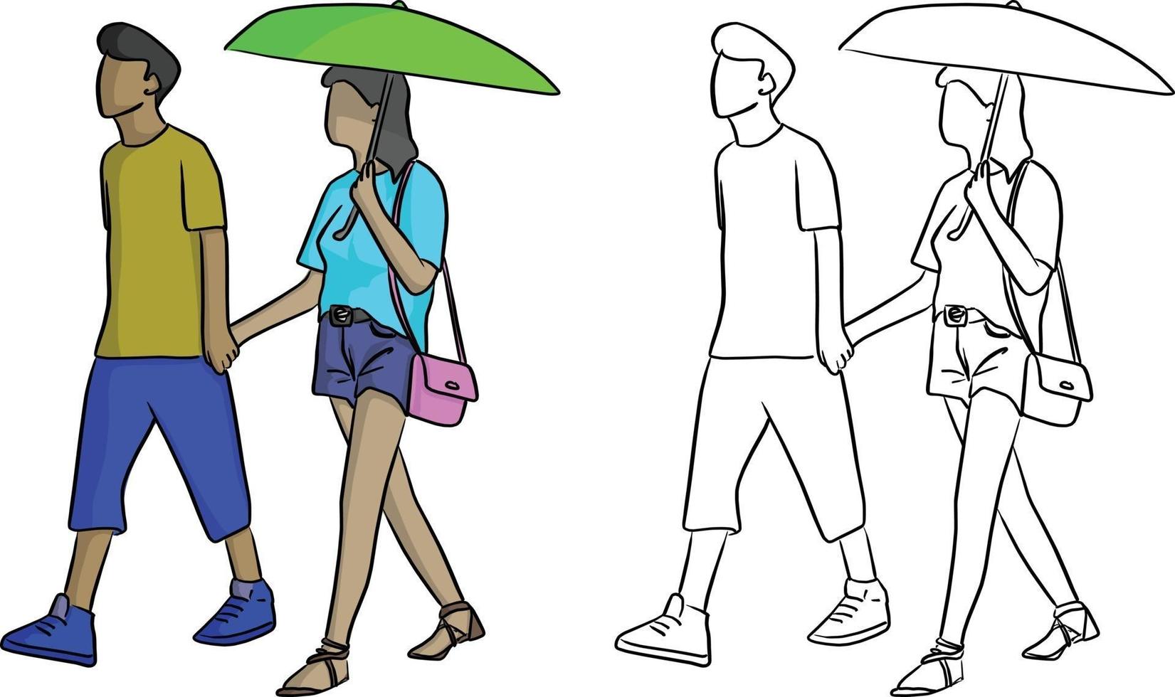 hombre caminando con su amante con un paraguas verde vector
