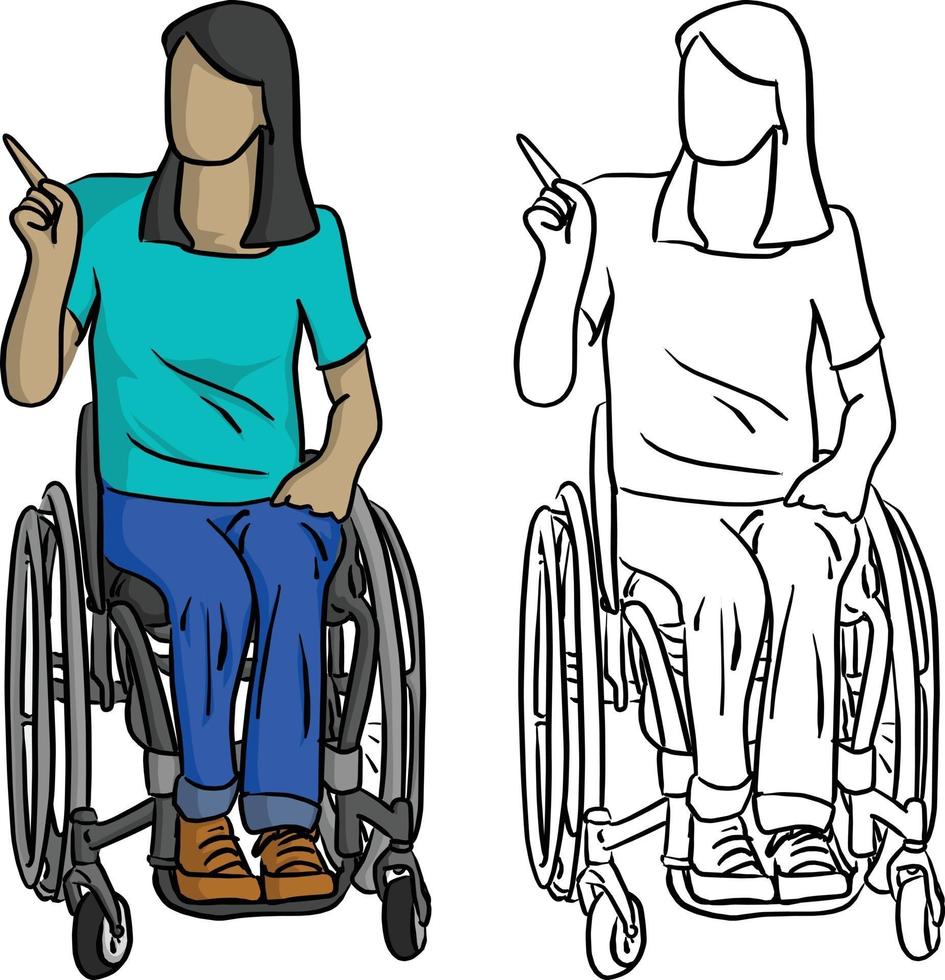 disabled teen woman with long hair sitting on wheelchair vector