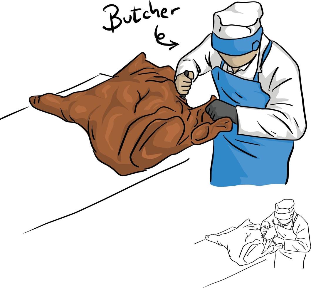 male butcher working with big pork vector illustration