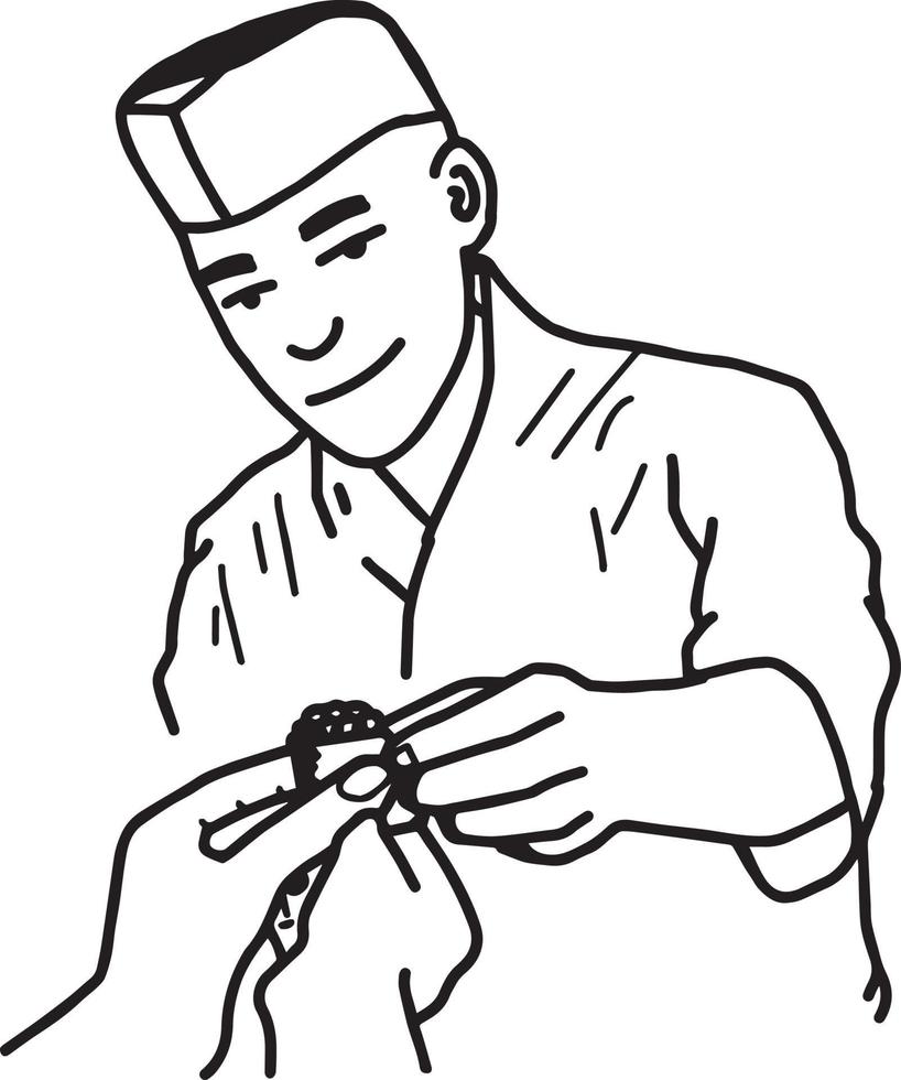 asian chef offering sushi to the hands of a customer vector