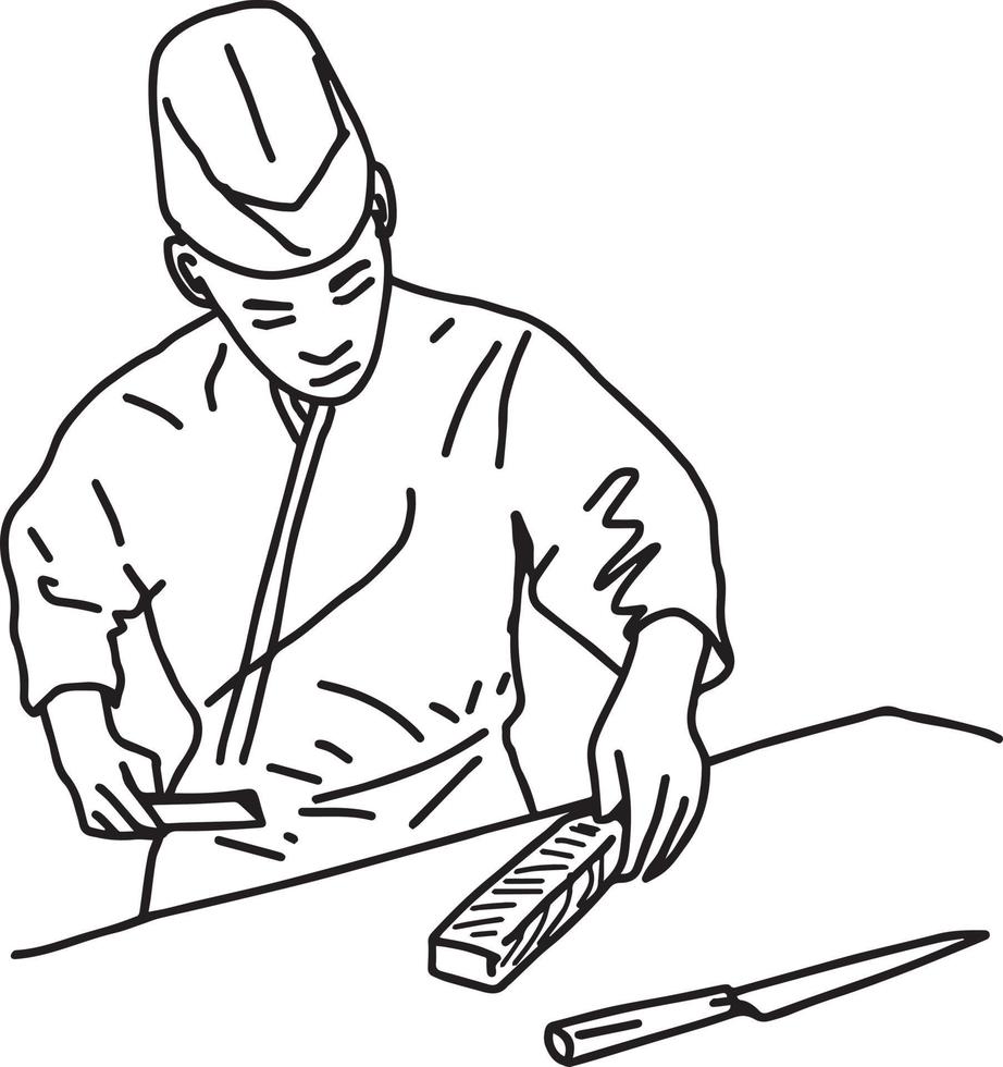 Asian chef filleting salmon to make sushi on the table vector