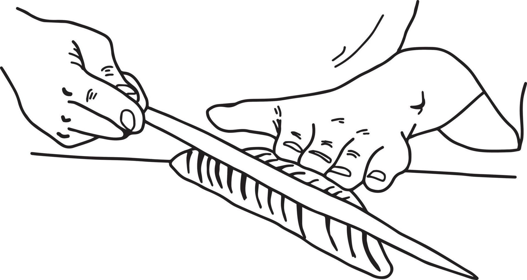 hand of Asian chef filleting salmon to make sushi - vector