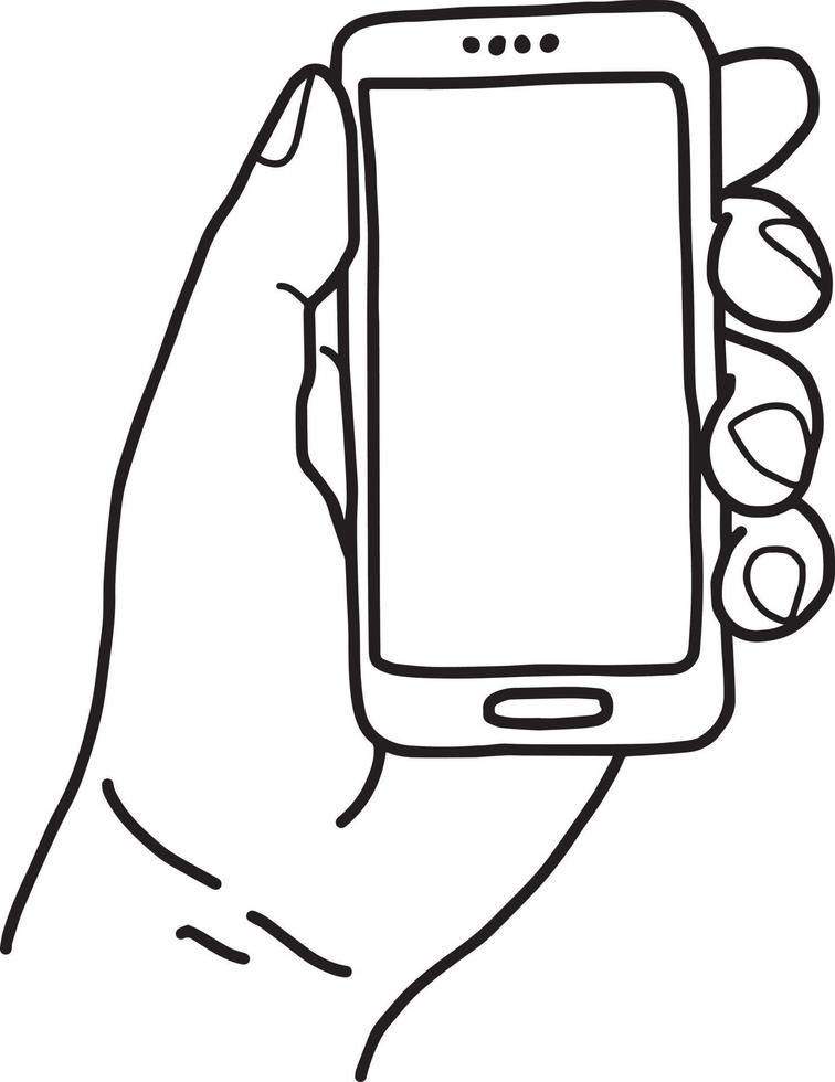 left hand holding small mobile phone - vector illustration