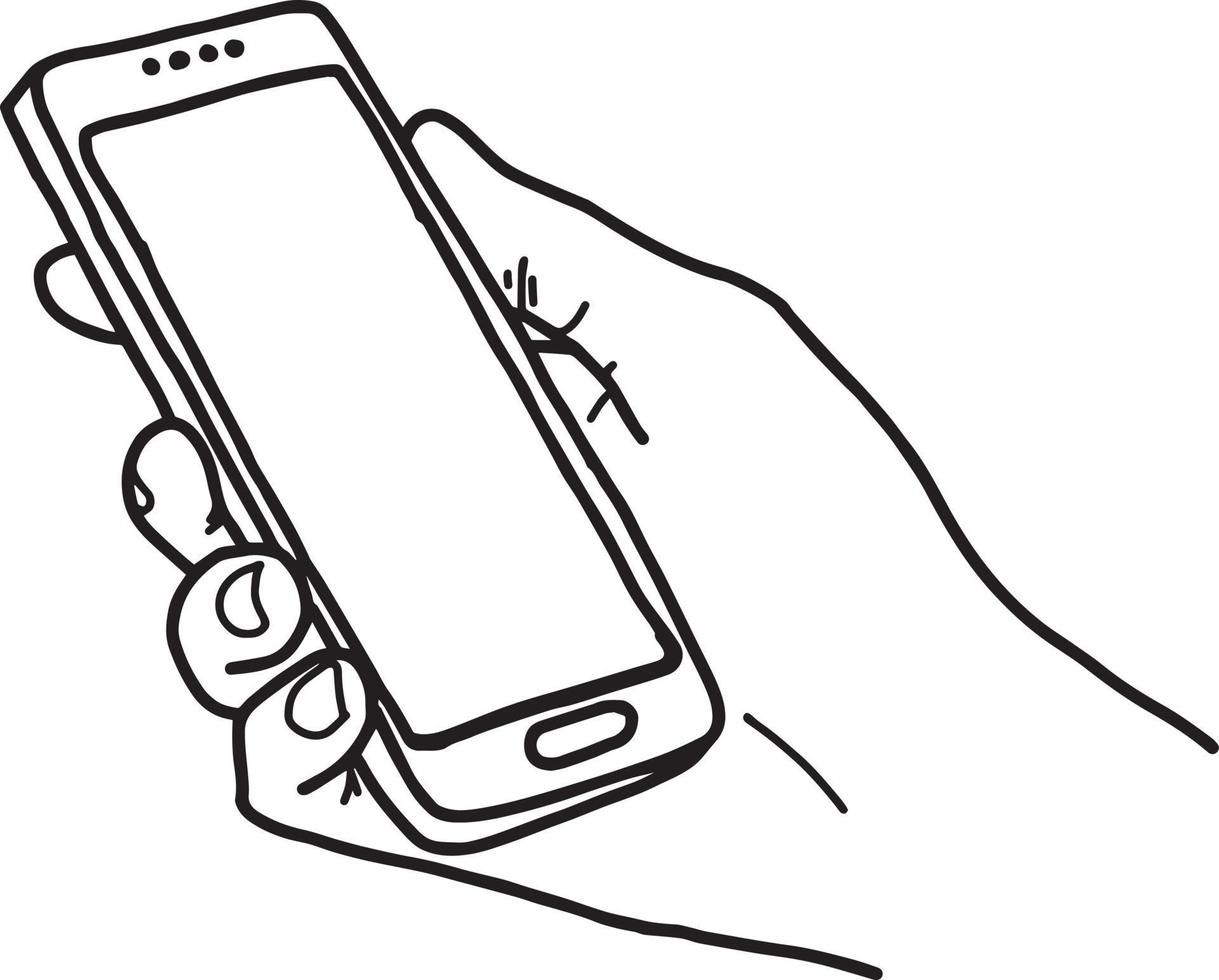 right hand holding big smartphone with home button vector