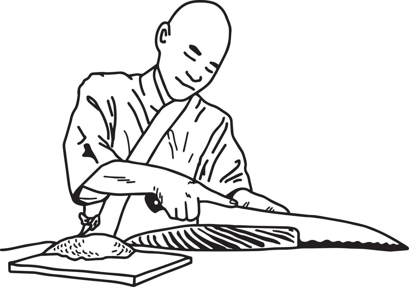 Chef asiático calvo con un cuchillo para filetear el salmón en el restaurante vector