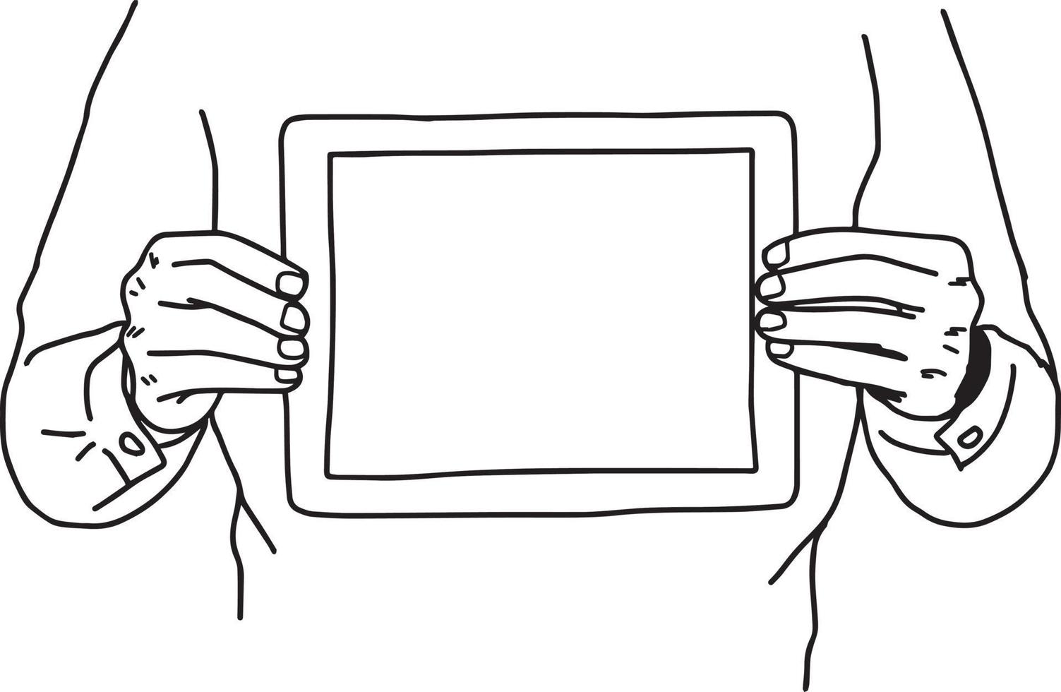 two hands holding tablet on his chest - vector