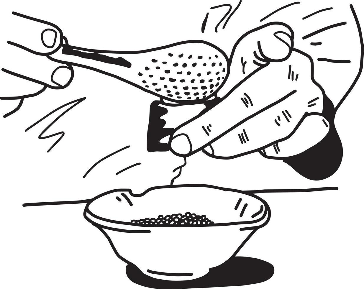close-up hands of Asian chef using spoon to put tobiko vector