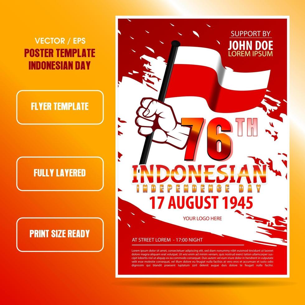 Indonesian independence day flyer template with red color vector