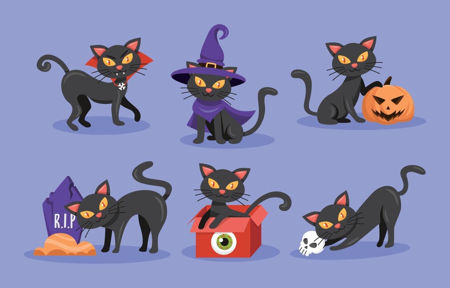 colección de personajes de gato negro de halloween vector