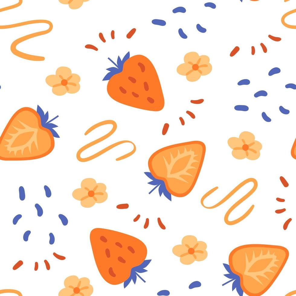 Naive orange strawberry seamless pattern. Hand drawn lines and doodles vector