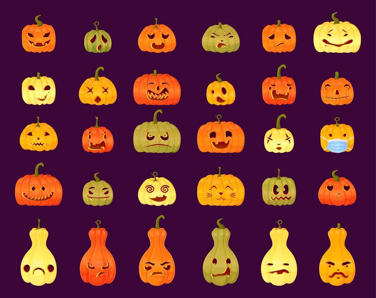 Set of different Jack-o-lantern faces expressions. Halloween pumpkin vector