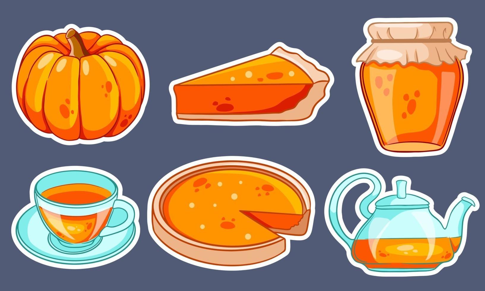 conjunto de otoño. calabaza, té caliente, tetera, taza, pastel de calabaza, mermelada. pegatinas. vector