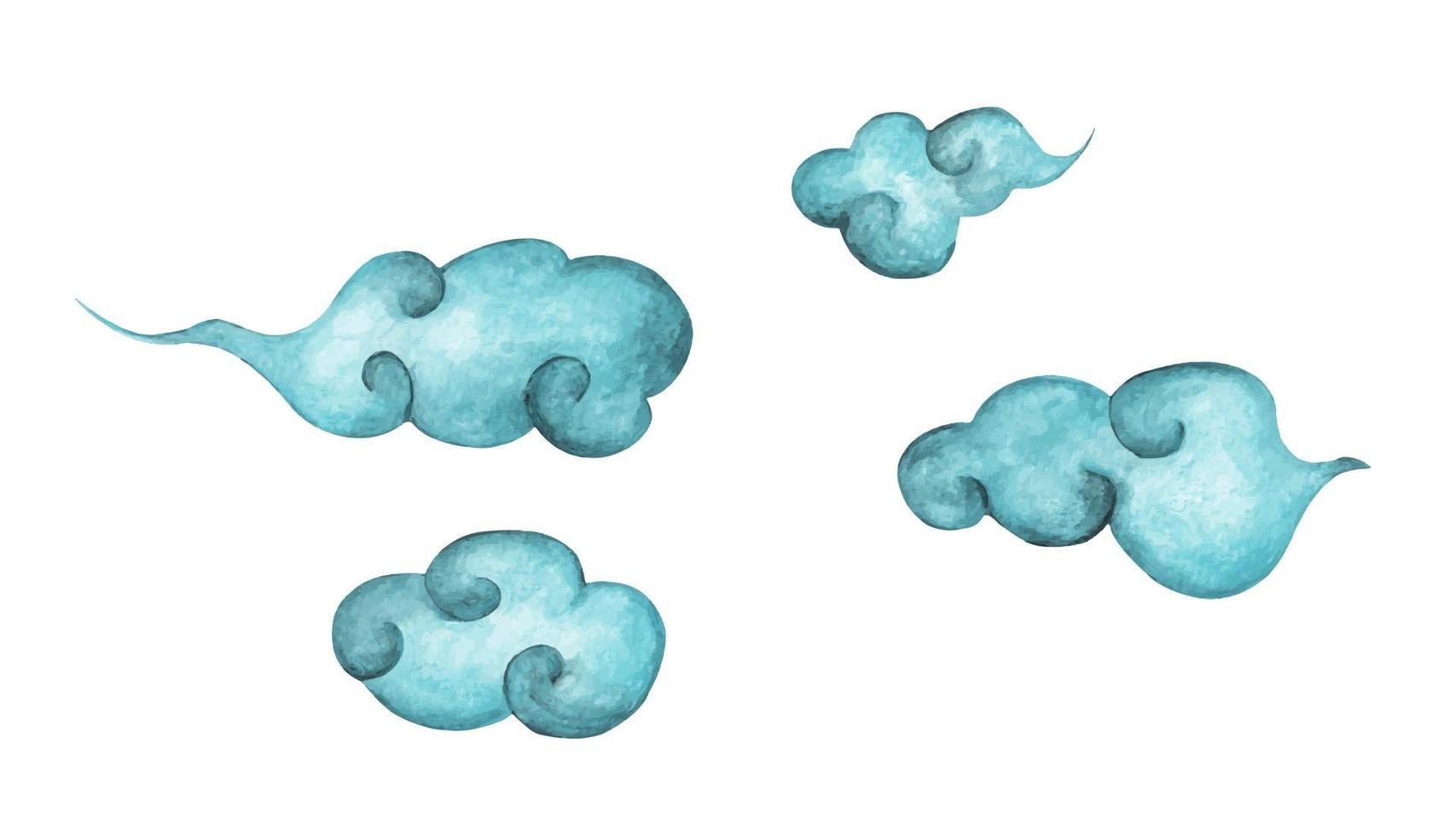 conjunto de nubes azules de dibujos animados - ilustración acuarela dibujada a mano. vector