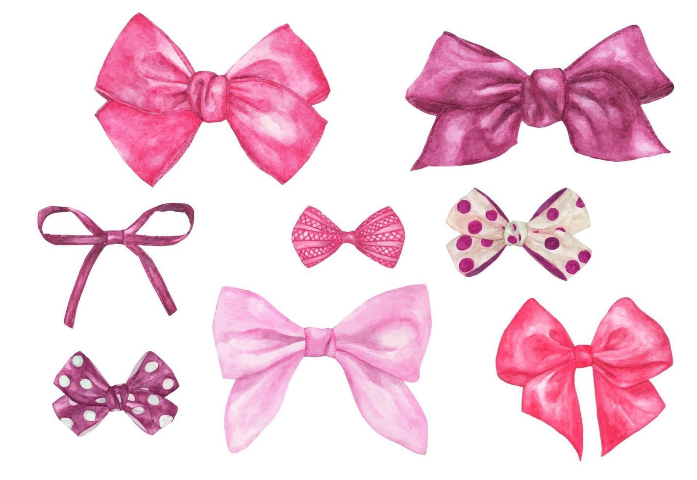 conjunto de diferentes arcos de regalo rosa decorativos. Ilustración acuarela. vector