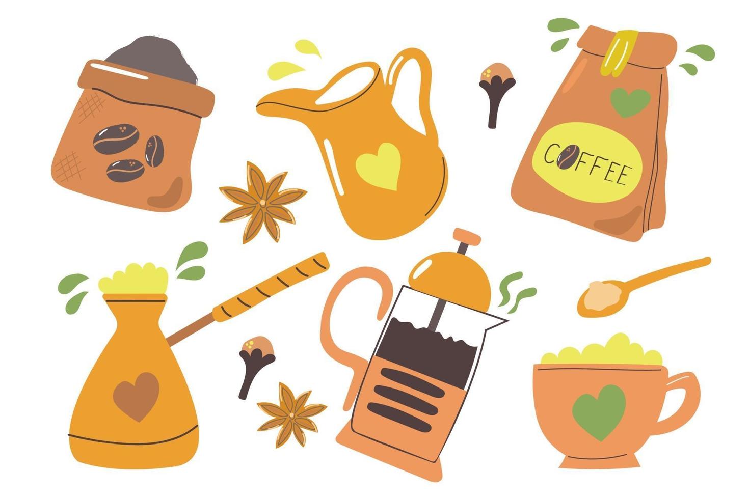 Big set for making coffee, cup, turk, French press, coffee package pot vector