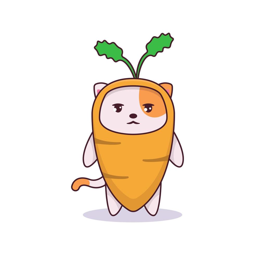 lindo gato divertido en la ilustración de traje de zanahoria vector