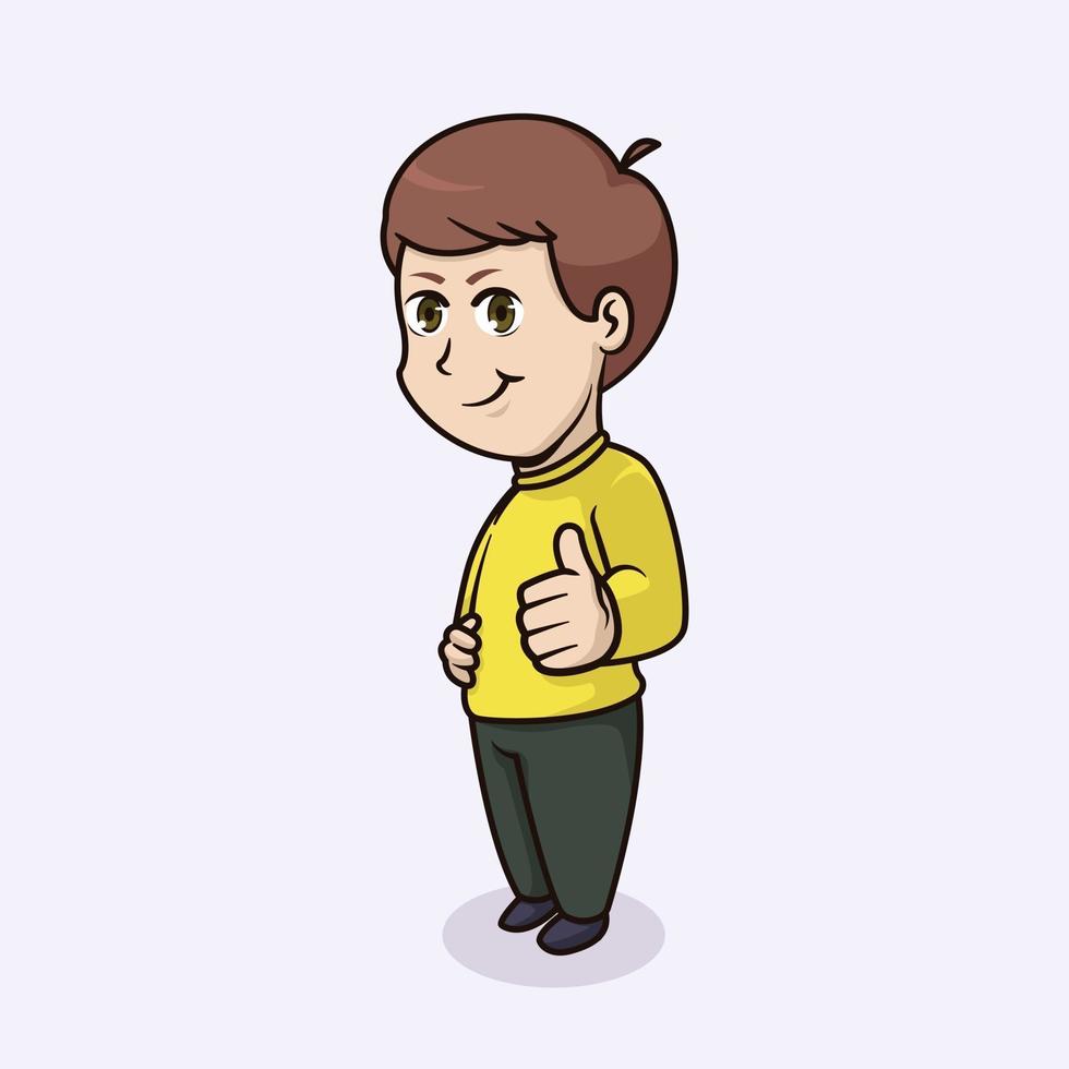 Cartoon cute boy stands in a confident pose with thumbs up vector