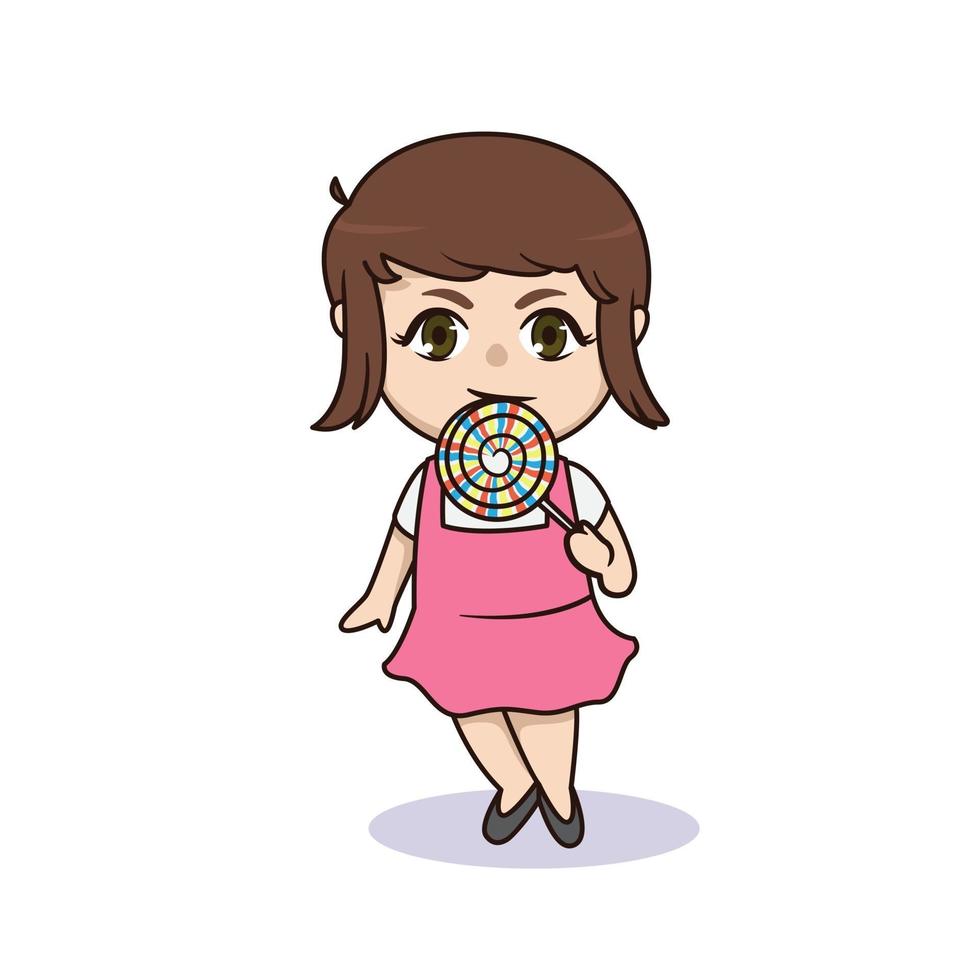 Cute girl eating lollipop character vector