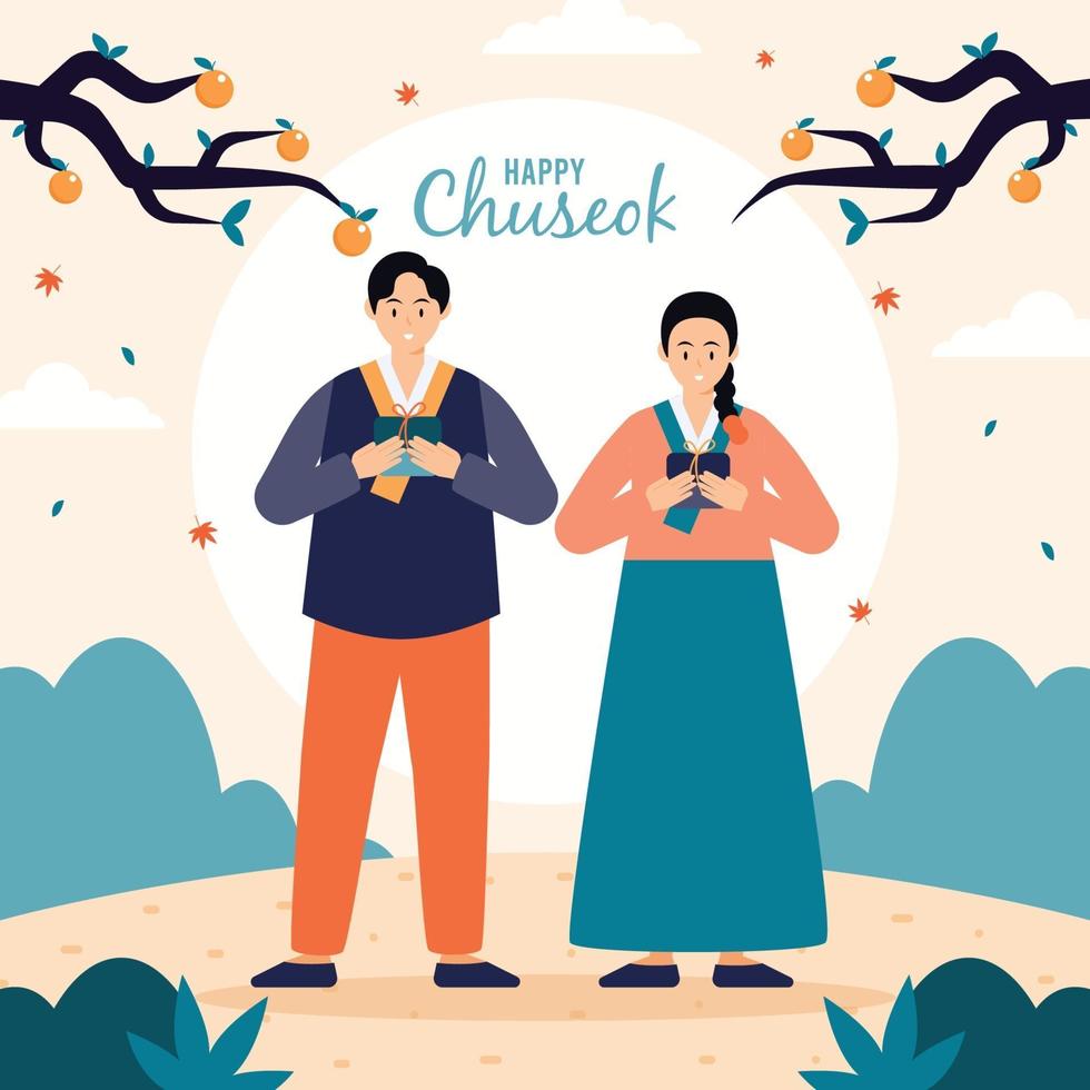 pareja coreana en traje tradicional en el festival de chuseok vector