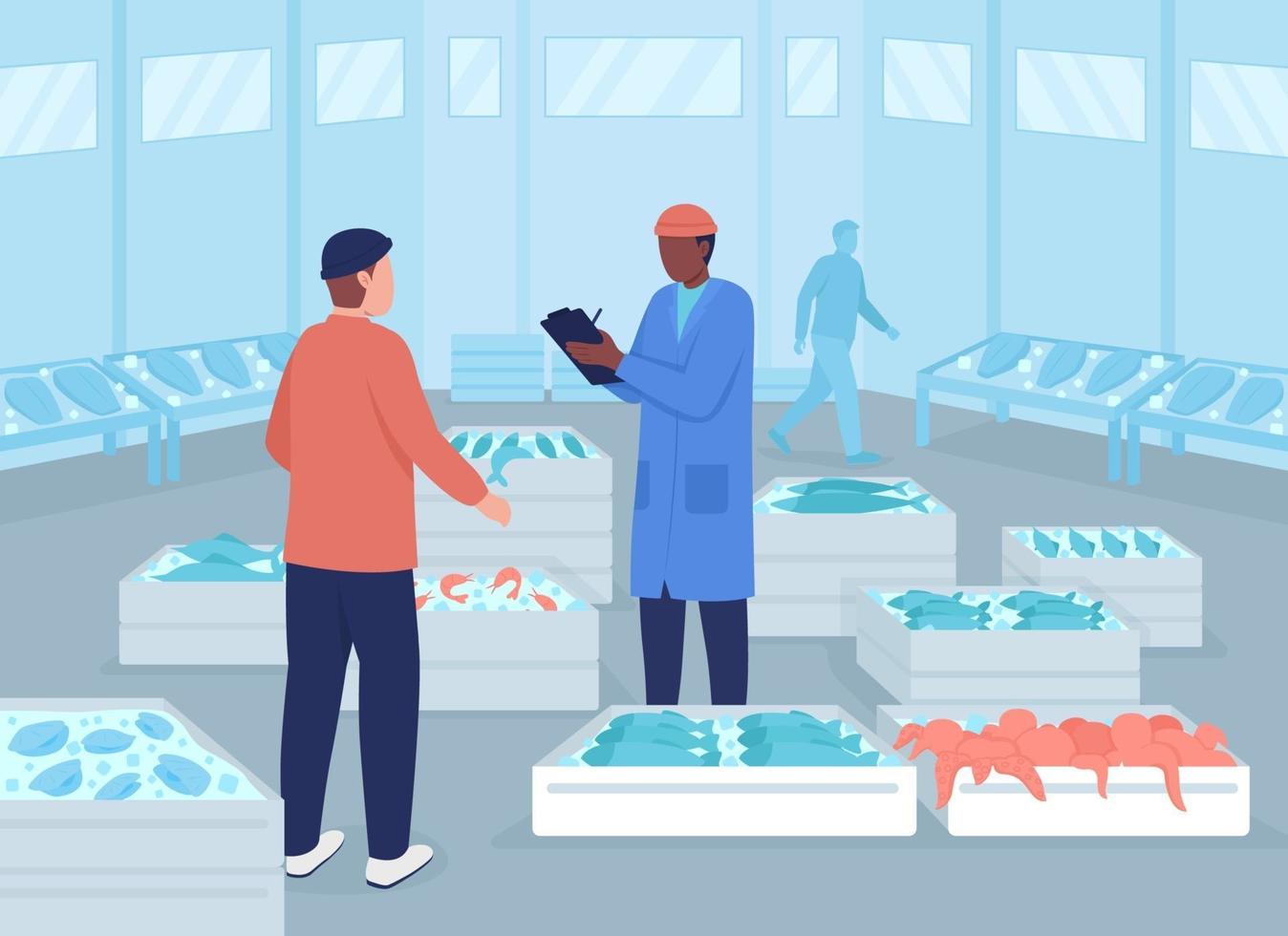 Wholesale seafood market flat color vector illustration