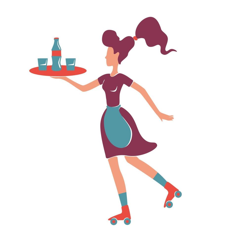 Retro style roller waitress serving flat vector faceless character