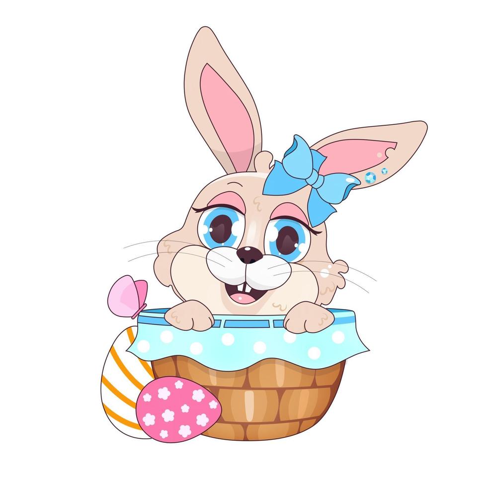 Lindo conejo de pascua en canasta con huevos kawaii personaje de vector de dibujos animados