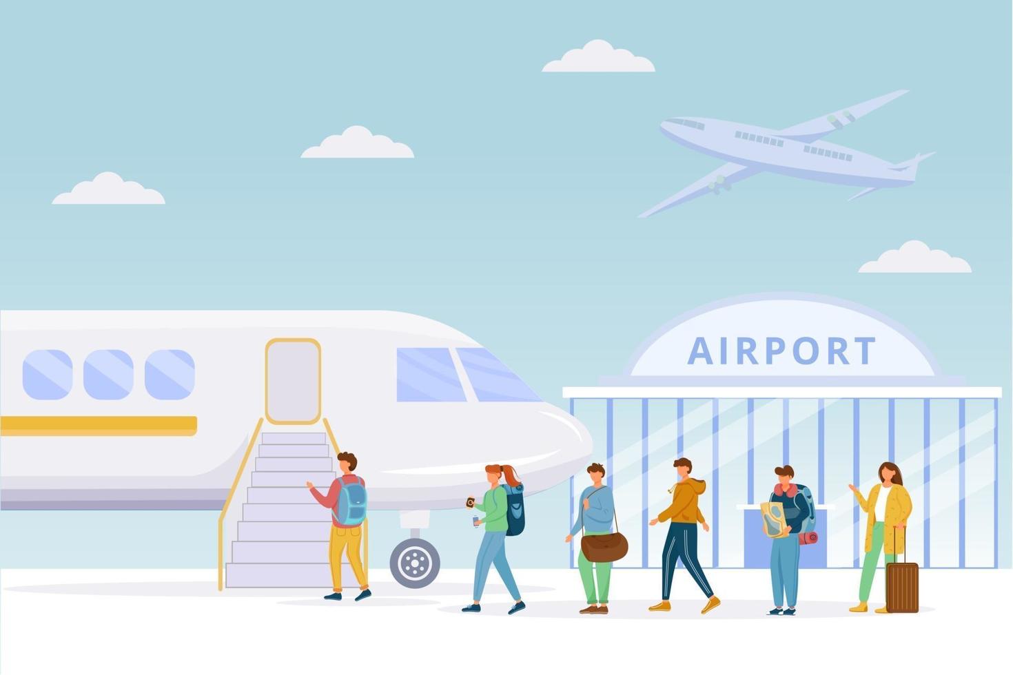Passengers boarding plane flat vector illustration