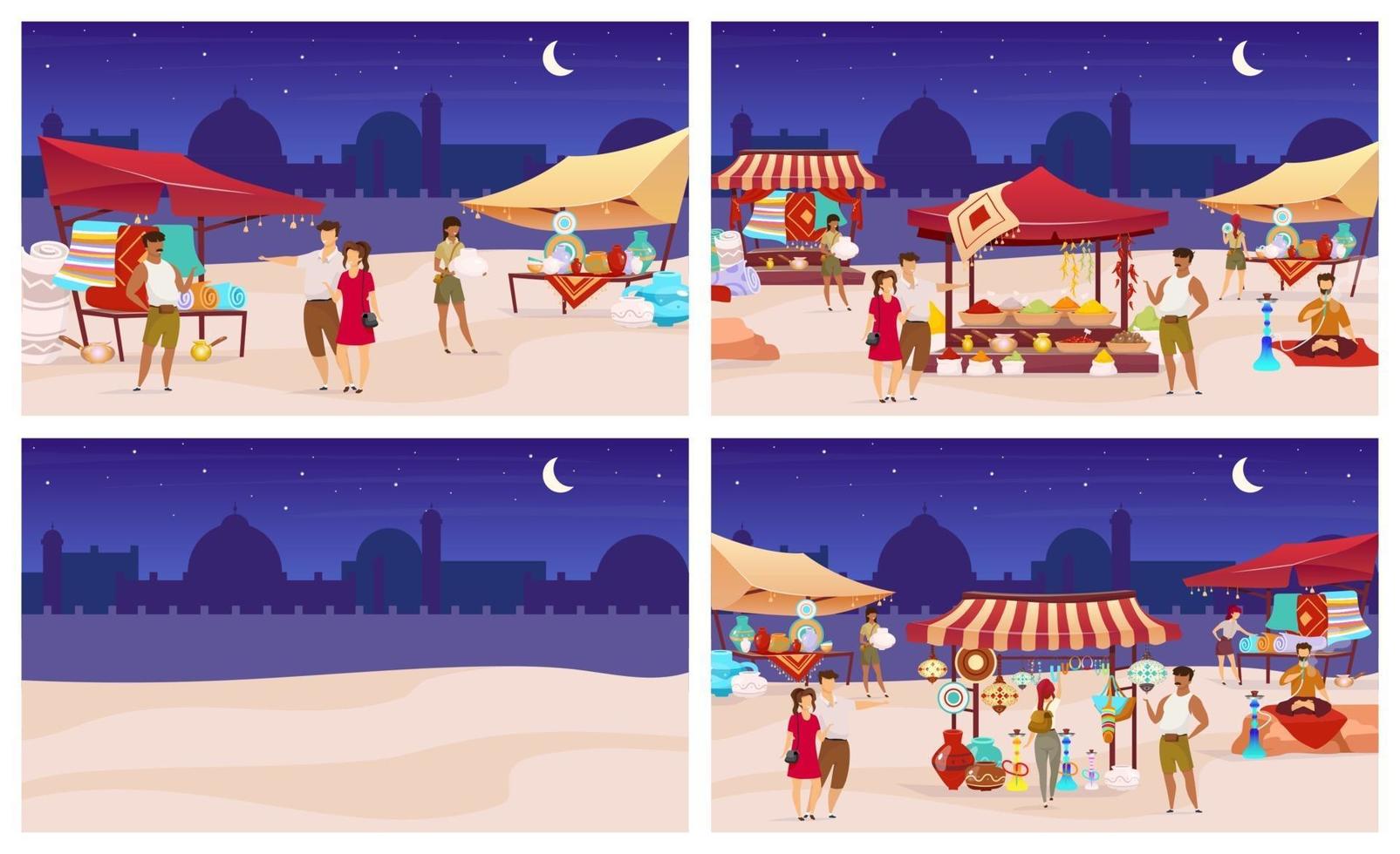 Night bazaar flat color vector illustrations set