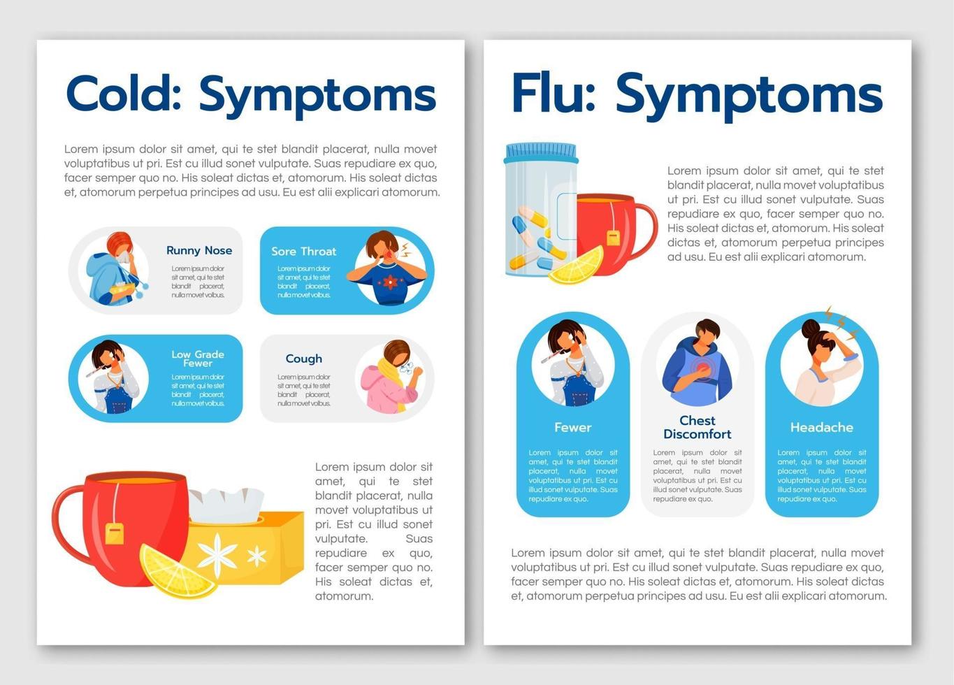 Common cold and flu virus symptoms flat vector brochure template