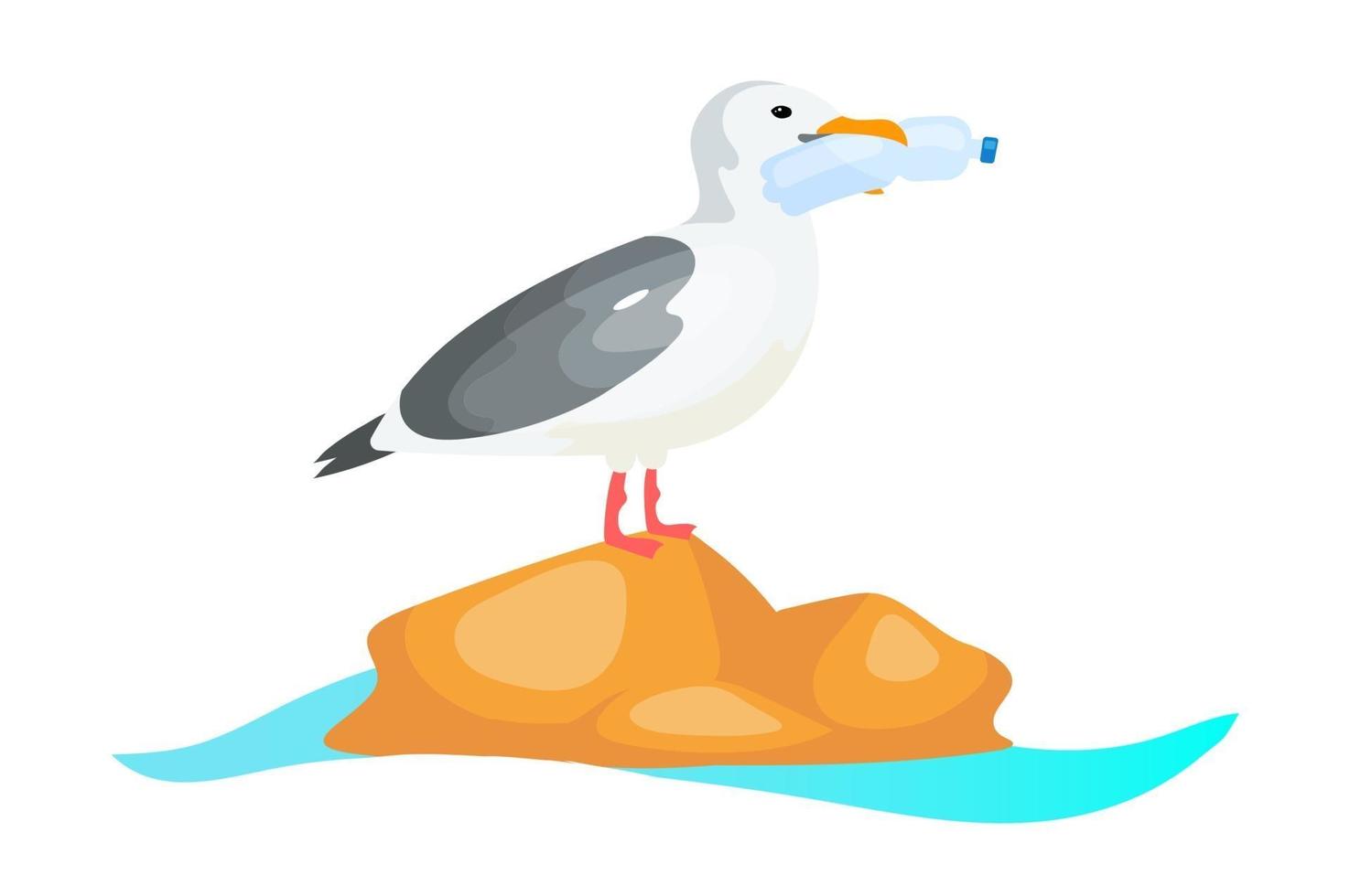 Seagull with plastic bottle in beak flat concept icon vector