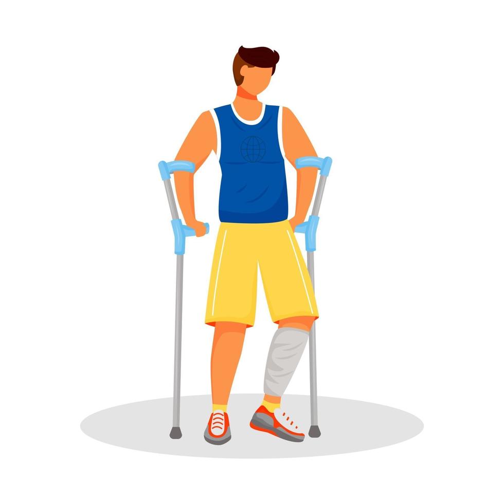 Man with crutches flat color vector faceless character