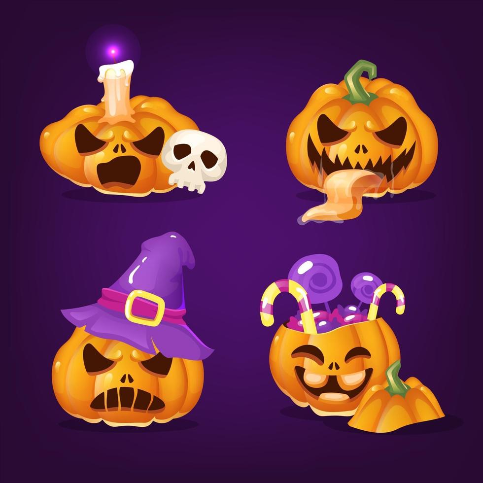 Conjunto de ilustraciones de vectores de dibujos animados de calabazas de halloween espeluznantes