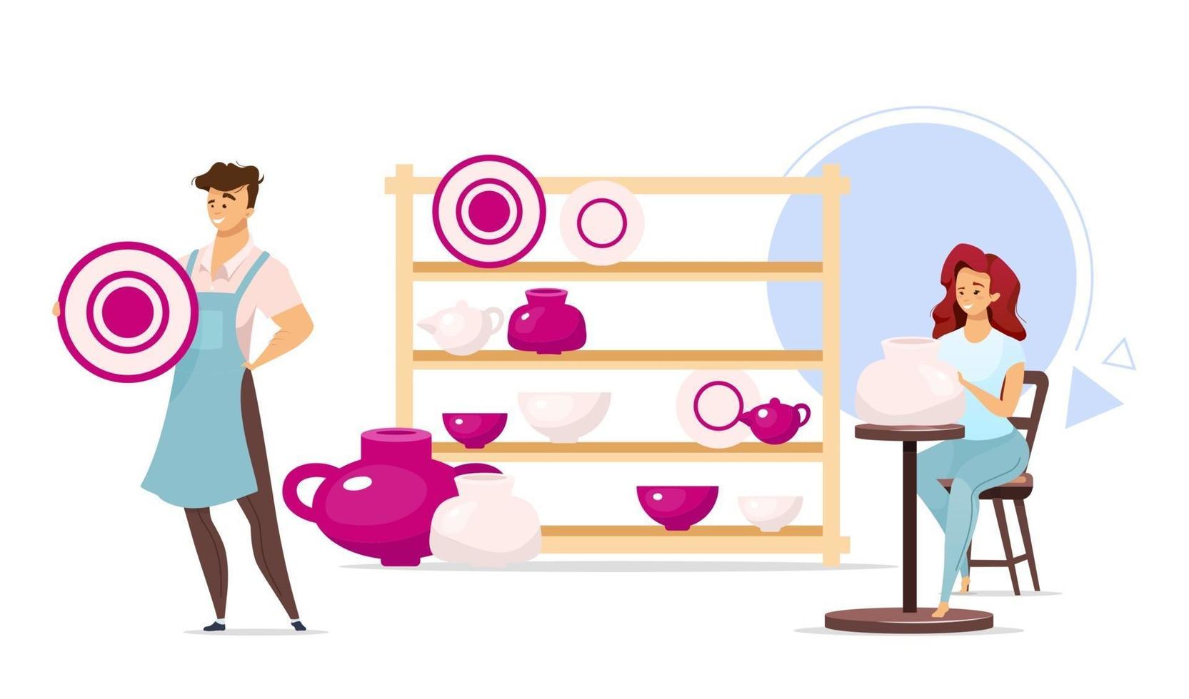 Man and woman in pottery studio flat color vector illustration