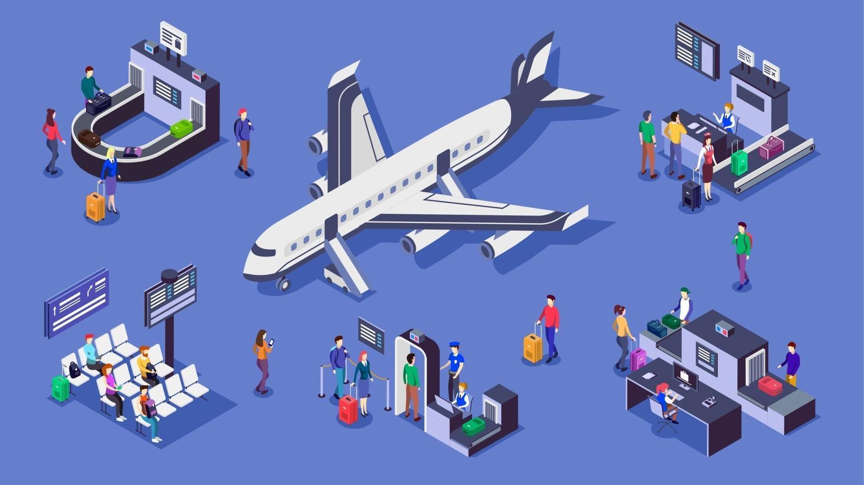 People in airport isometric color vector illustrations set