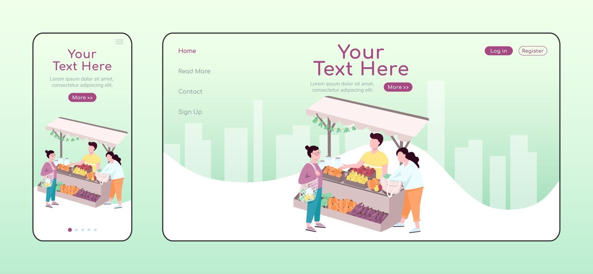 Farmers outdoor street market adaptive landing page vector template