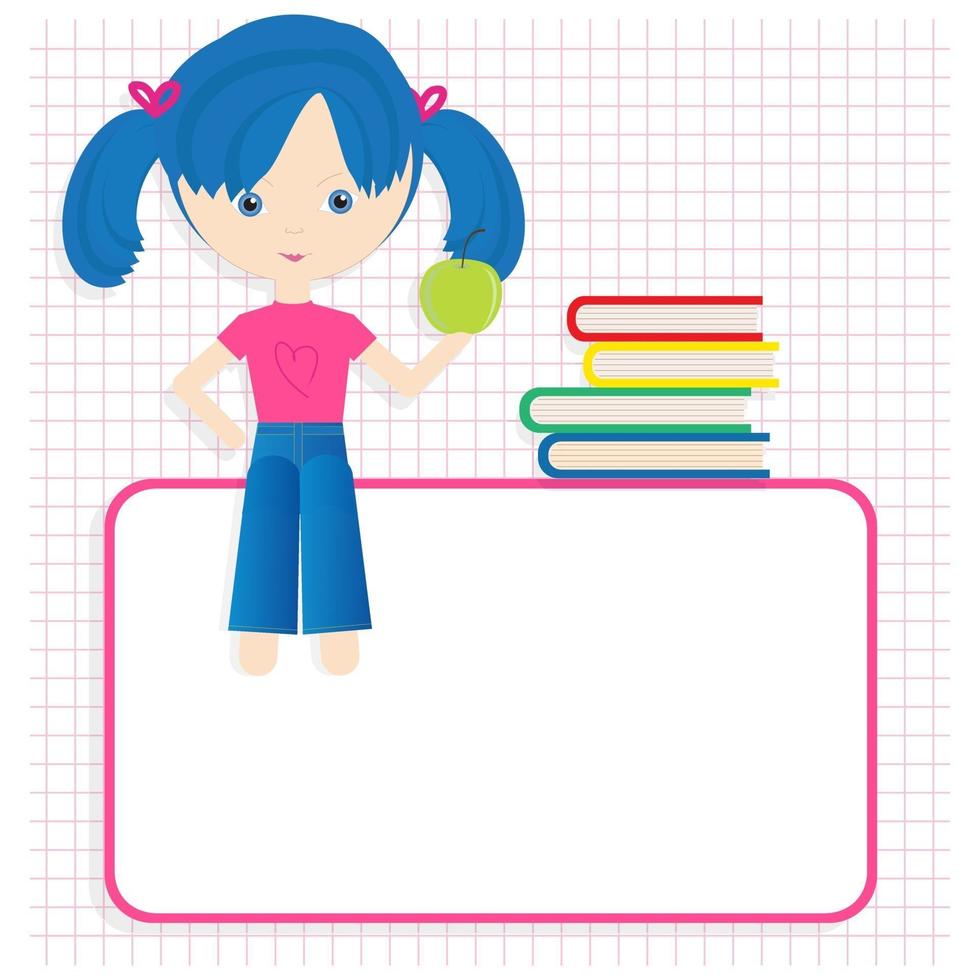 Back to school template. Cute girl sitting on a blank board vector