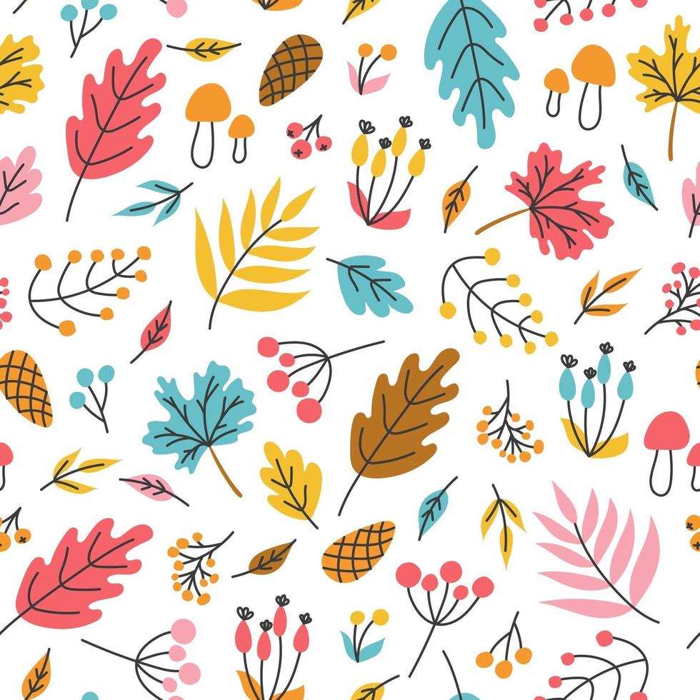 Autumn plants and berries on a white background. Vector pattern