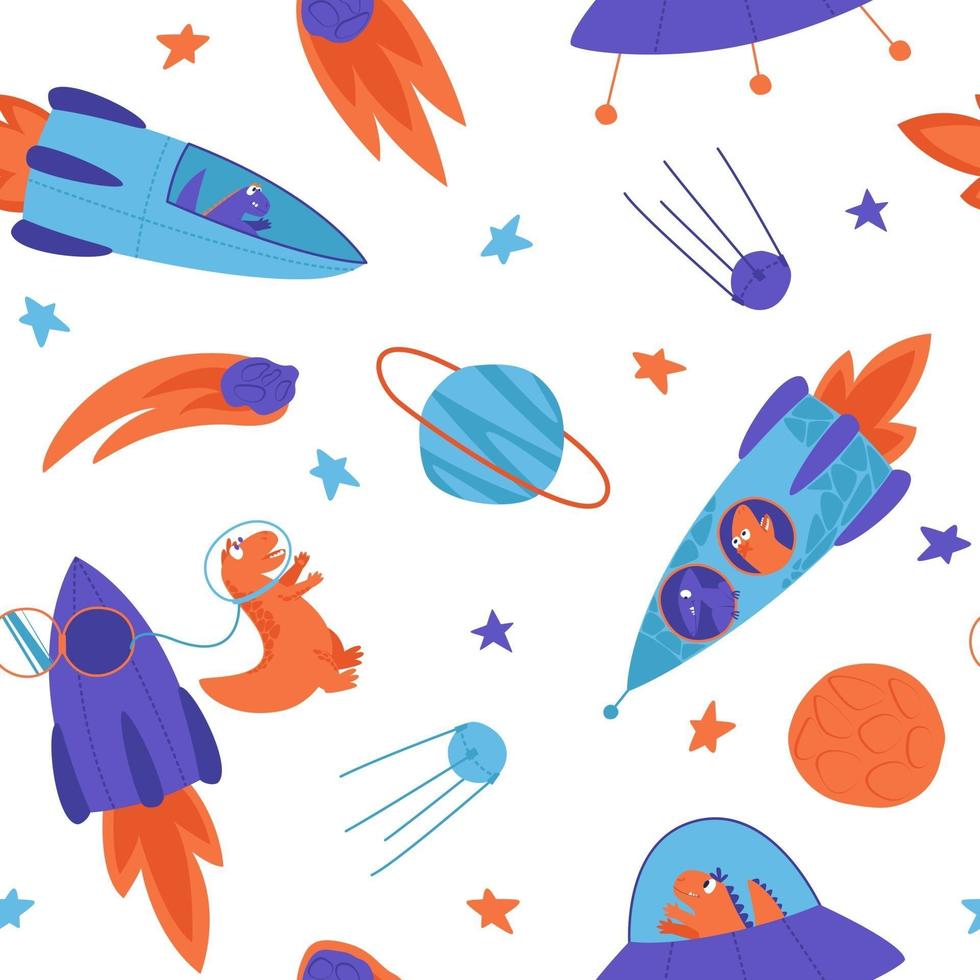 Seamless pattern of bright dinosaurs traveling into space on a rocket vector