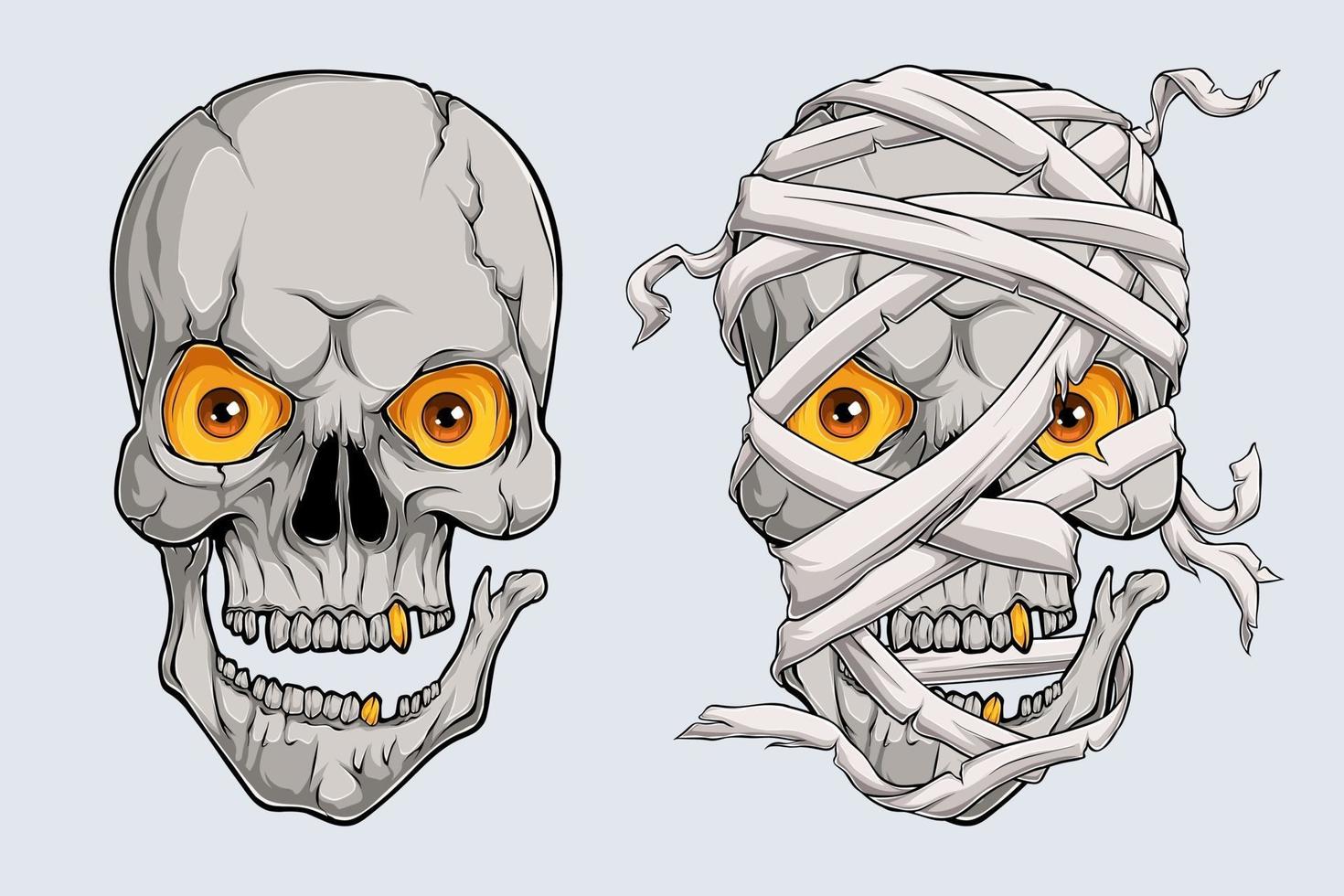 cara de calaveras de momia aterradora realista de halloween, cabeza de momia egipcia vector