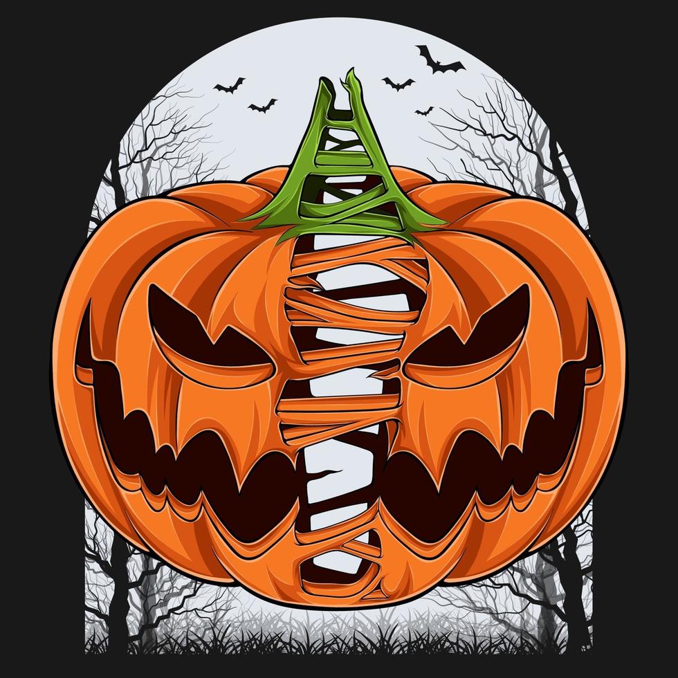 Scary divided halloween pumpkin with trees and bats on the background vector