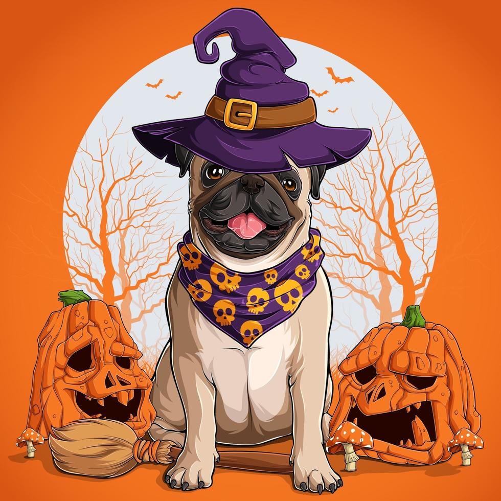 Perro pug perro disfrazado de halloween sentado en una escoba de bruja vector