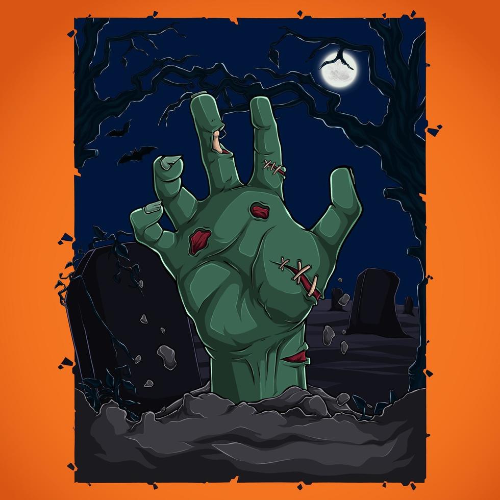 concepto de fiesta de halloween con murciélagos y árboles de luna llena de mano zombie vector