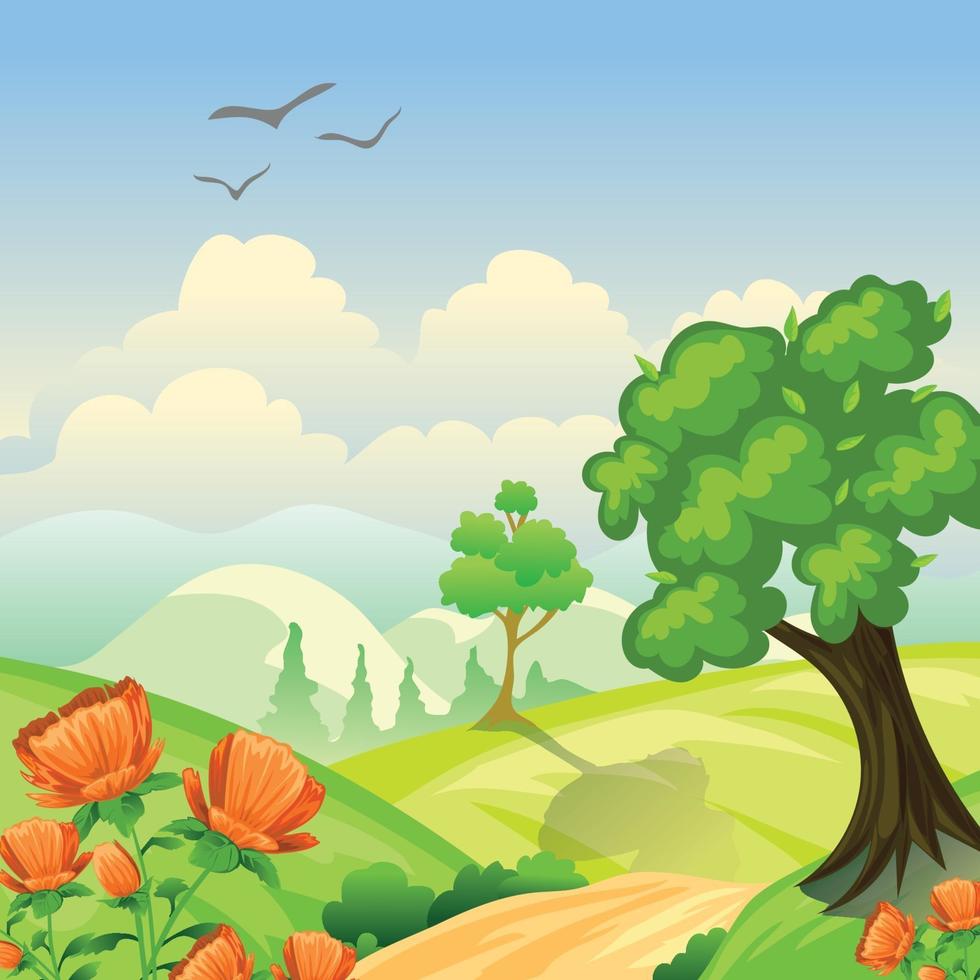 paisaje con flores de naranja y arbol vector